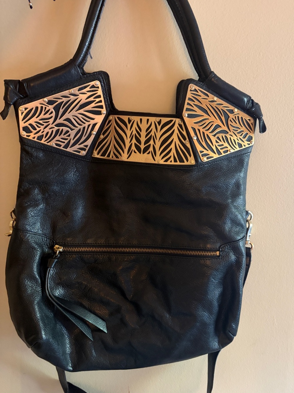 Foley + Corinna Black Leather City Tote Gold Filigree Metal Detail